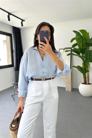 Mela Mavi Çizgili Oversize Gömlek