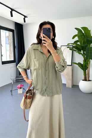 Denta Yağ Yeşili Kendinden Çizgili Gömlek