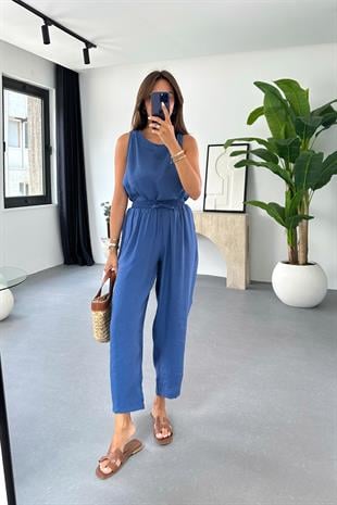 Mona İndigo Beli Bağlamalı Bluz Pantolon Takım