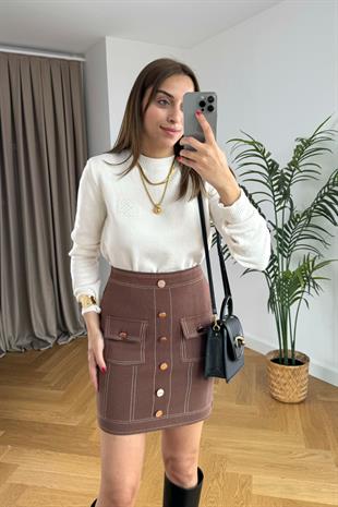 Puly Krem Kare Nakışlı Triko