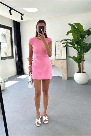 Lashe Pembe Dokulu Fermuar Detaylı Elbise