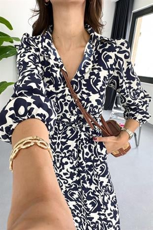ZR Loita Lacivert Ekru Düğme Detaylı  Kuşaklı Maxi Boy Elbise