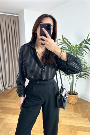 Putine Siyah Çizgili Saten Gömlek
