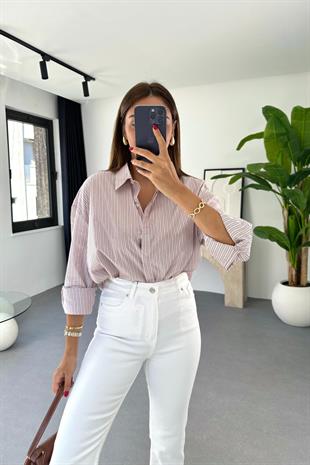 Mores Beyaz Renkli Çizgili Dökümlü Gömlek