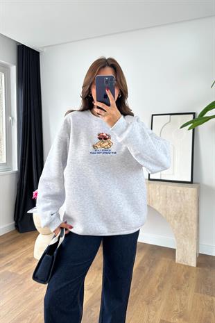 Teddy Gri Baskılı Oversize Sweatshirt