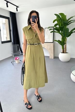 Liza Olive Kemer Detaylı Tensel Elbise