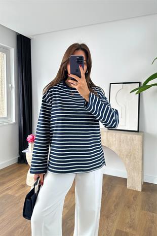Cesina Lacivert Beyaz Çizgili Bisiklet Yaka Sweatshirt