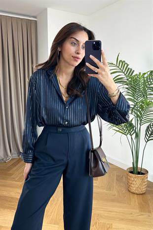 Putine Lacivert Çizgili Saten Gömlek