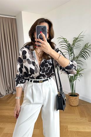 Kahve Siyah Desenli Saten Gömlek