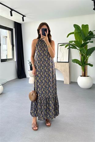 Selery Siyah Camel Desenli Halter Yaka Elbise