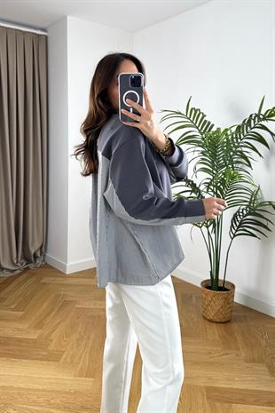 Gri Gömlek Detaylı Sweatshirt