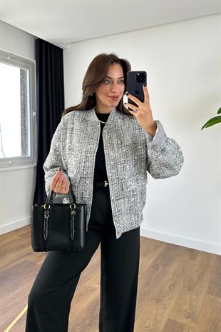 Nole Gri Cep Detaylı Gümüş Ceket
