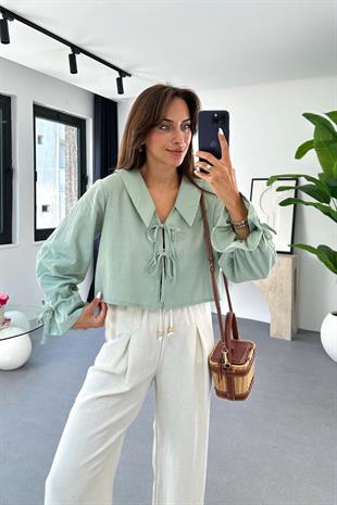 Enika Mint Yeşili Keten Önü Bağlamalı Bluz