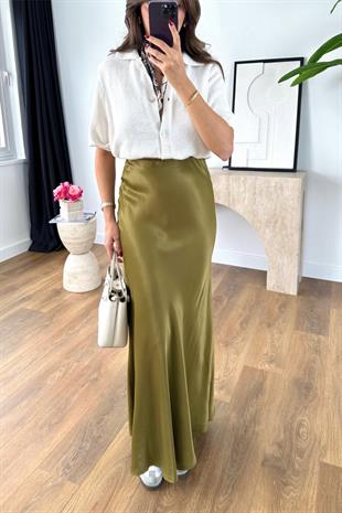 Shely Olive Beli Lastikli Maxi Boy Saten Etek