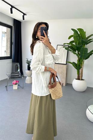 Denta Beyaz Kendinden Çizgili Gömlek