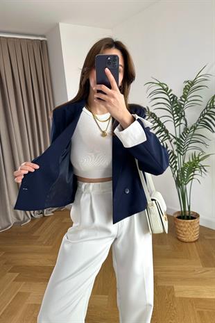 ZR Lacivert Kol Detaylı Çift Düğmeli Blazer 