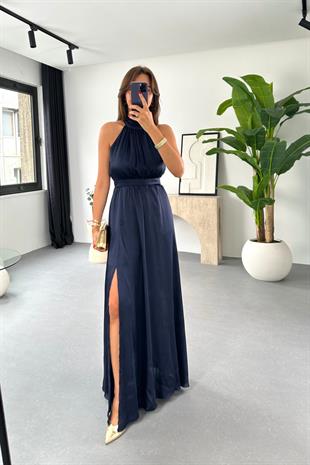Shela Lacivert Halter Yaka Yırtmaç Detaylı Elbise