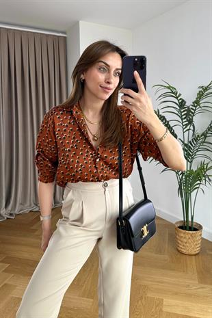 Kiremit Siyah Desenli Saten Gömlek