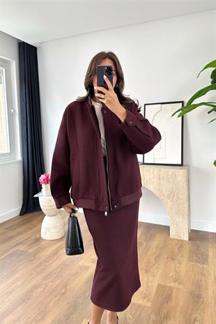 Loresa Bordo Kaşe Bomber Ceket-Etek Takım