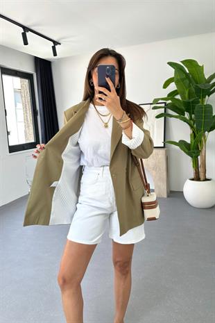 Pully Haki Keten Blazer