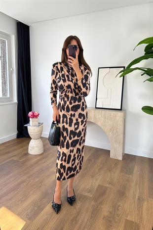 Vensa Leopar Desenli Drapeli Maxi Boy Elbise