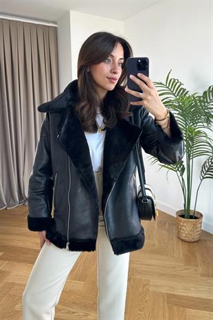 Siyah İçi Kürklü Biker Mont