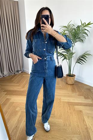 Koyu Lacivert Paça Detaylı Denim Tulum