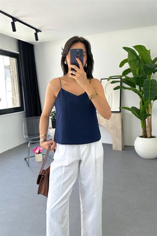 Cerla Lacivert Keten Bluz