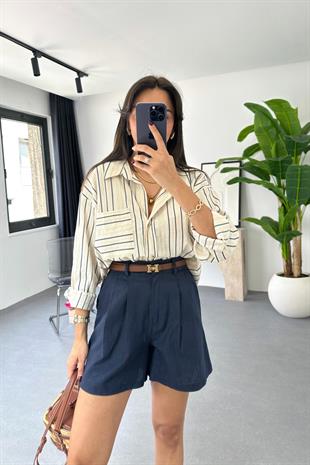 Couna Lacivert Çizgili Keten Gömlek