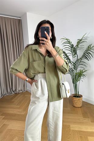 Mari Yağ Yeşili Dökümlü Gömlek