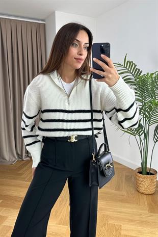 Chilla Siyah Çizgili Dik Yaka Fermuarlı Triko