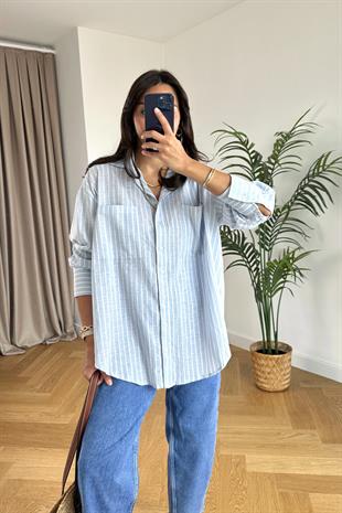 ZR Mavi Çizgili Keten Gömlek