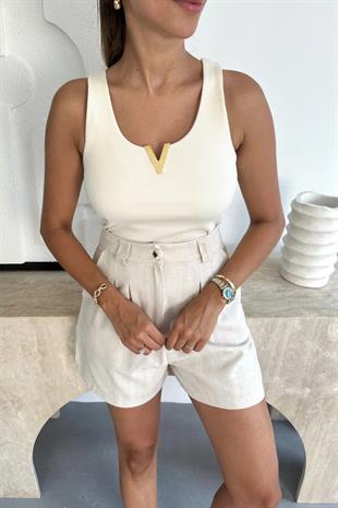 Store Taş Yaka Detaylı Sıfır Kol Bluz