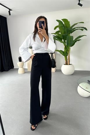 Linen Siyah Keten Palazzo Pantolon