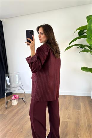 Stone Bordo Çizgili Çift Düğmeli Kaşe Ceket