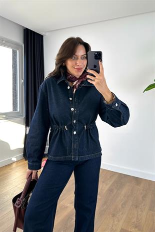 Bosla Dark Blue Bel Detaylı Denim Gömlek