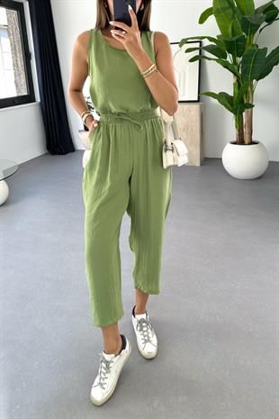 Mona Çağla Yeşili Beli Bağlamalı Bluz Pantolon Takım