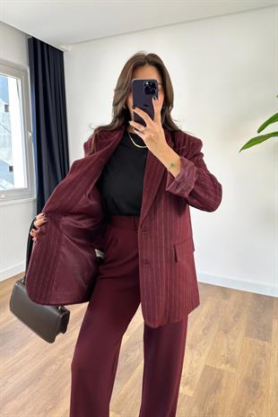 Stone Bordo Çizgili Çift Düğmeli Kaşe Ceket