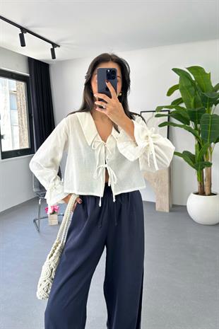 Enika Beyaz Keten Önü Bağlamalı Bluz