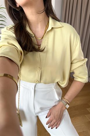 Cudy Yağ Yeşili V Yaka Saten Gömlek 