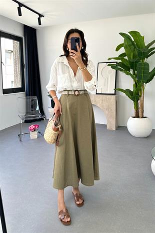 Lole Kemerli Olive Keten Maxi Etek