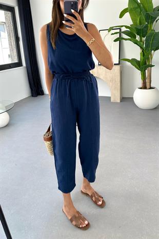 Tara Lacivert Beli Bağlamalı Bluz Pantolon Takım