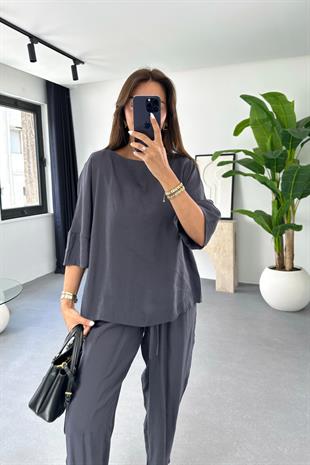 Mossa Antrasit Beli Lastikli Bluz Pantolon Takım