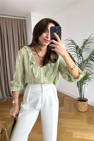 Mint Yeşili Çizgi Detaylı Fırfır Gömlek