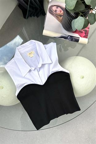 Volens Beyaz Siyah Büstiyer Detaylı Sıfır Kol Gömlek