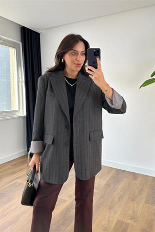 Nolesa Antrasit Bordo Çizgili Blazer Ceket