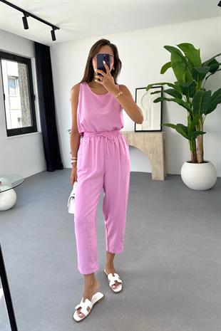 Tara Pembe Beli Bağlamalı Bluz Pantolon Takım