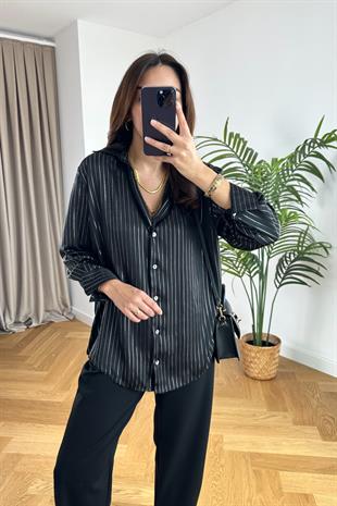 Putine Siyah Çizgili Saten Gömlek