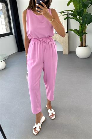 Tara Pembe Beli Bağlamalı Bluz Pantolon Takım
