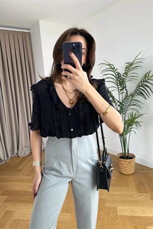 Olla Siyah Fırfırlı Şifon Gömlek 